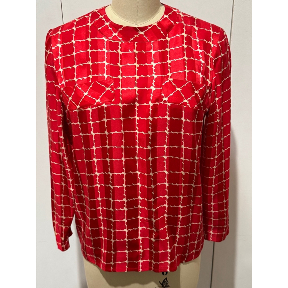 Vintage Women's Francesca of Damon Blouse Size 4 Red White Silk Long Sleeve